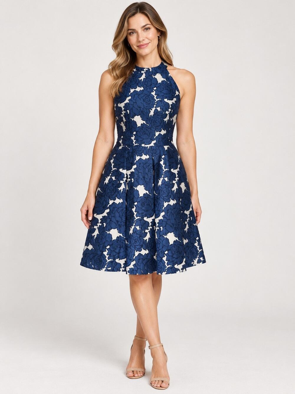Antonio Melani Floral Jacquard Halter Dress Navy Blue Cream Fit & Flare Womens 8